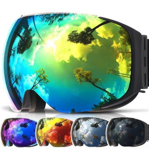Ski goggles with replaceable magnetic lenses